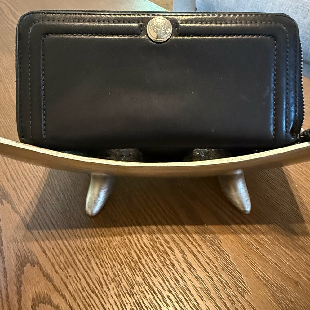 Coach Black Leather Zip Wallet with Round Silver Emblem